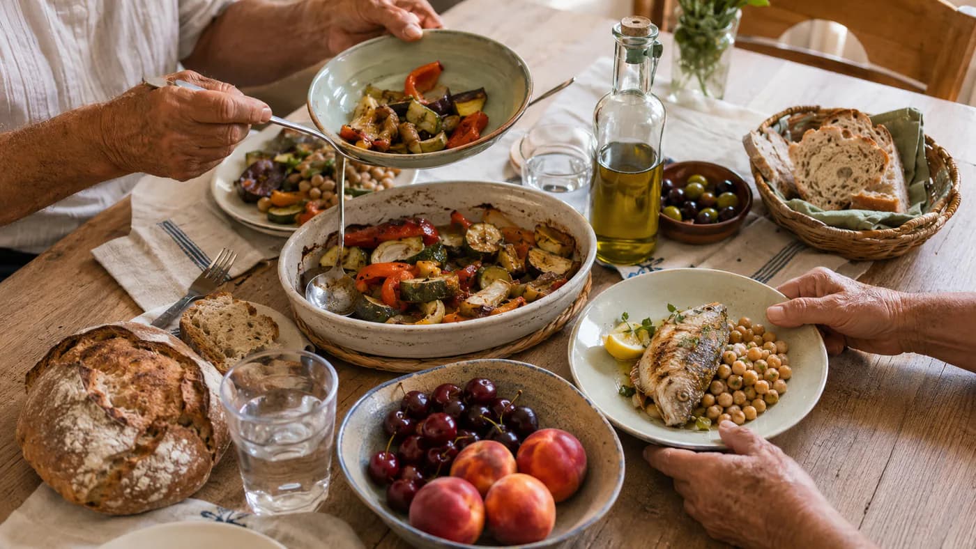 Mesa mediterránea compartida con verduras, legumbres, pescado y aceite de oliva