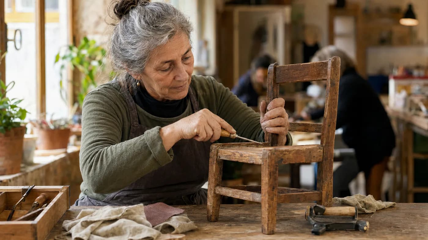 Mujer adulta restaura una silla de madera en un taller comunitario